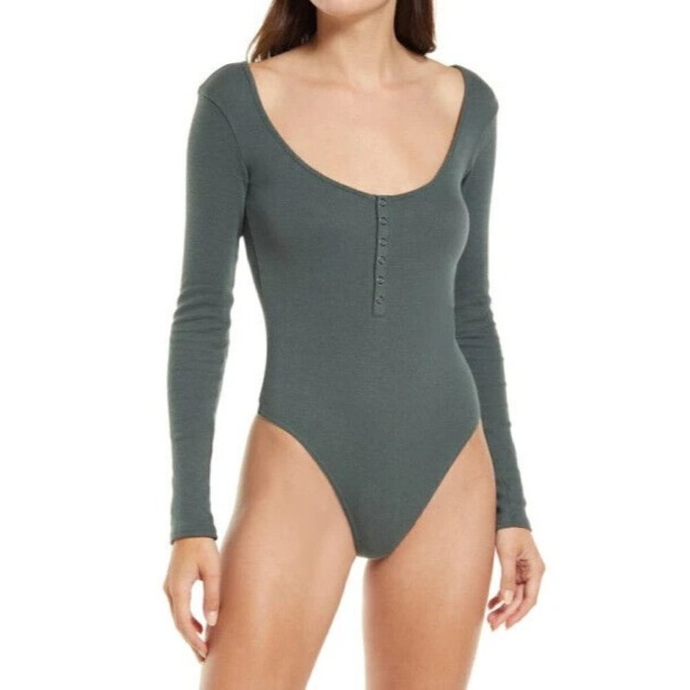 Open Edit BNWOT green henley bodysuit top sz large NEW long sleeve - Picture 1 of 6
